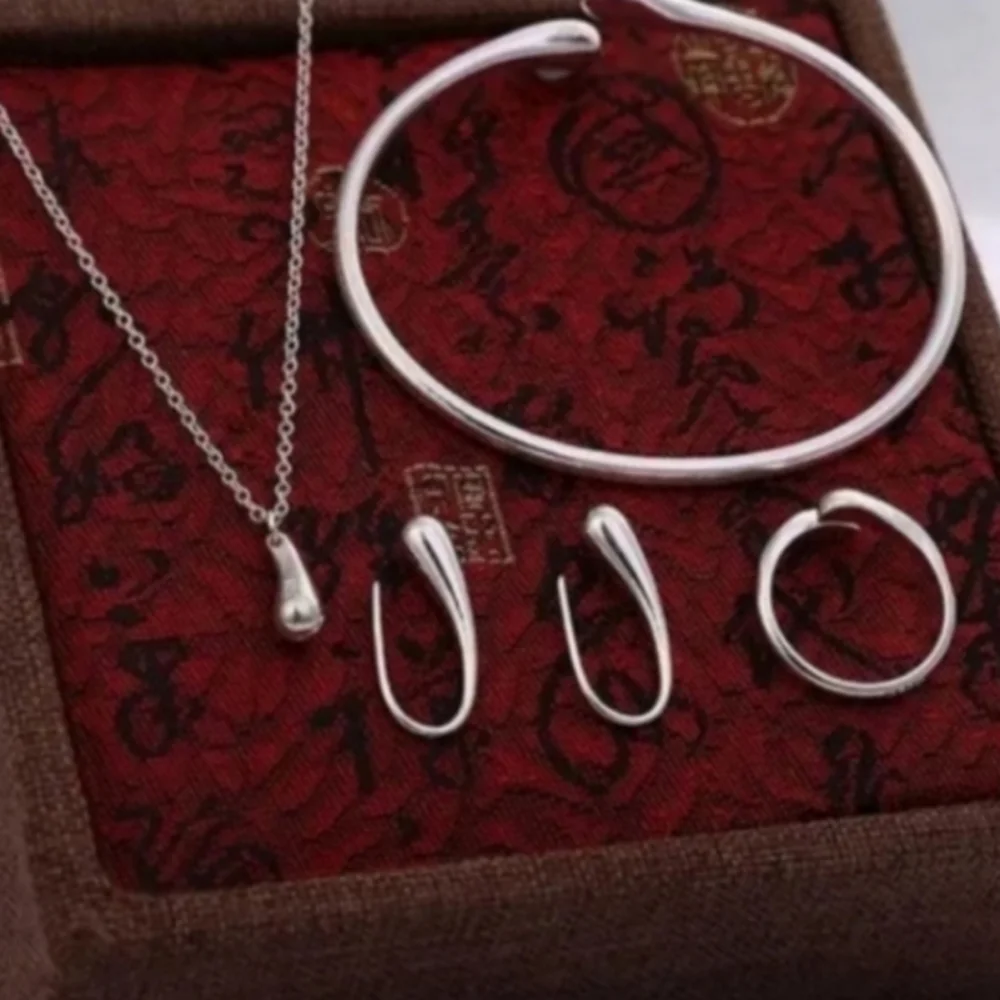 925 Sterling Silver Waterdrop Jewelry Set Bracelet Necklace Earrings and Ring - Picture 5 of 16